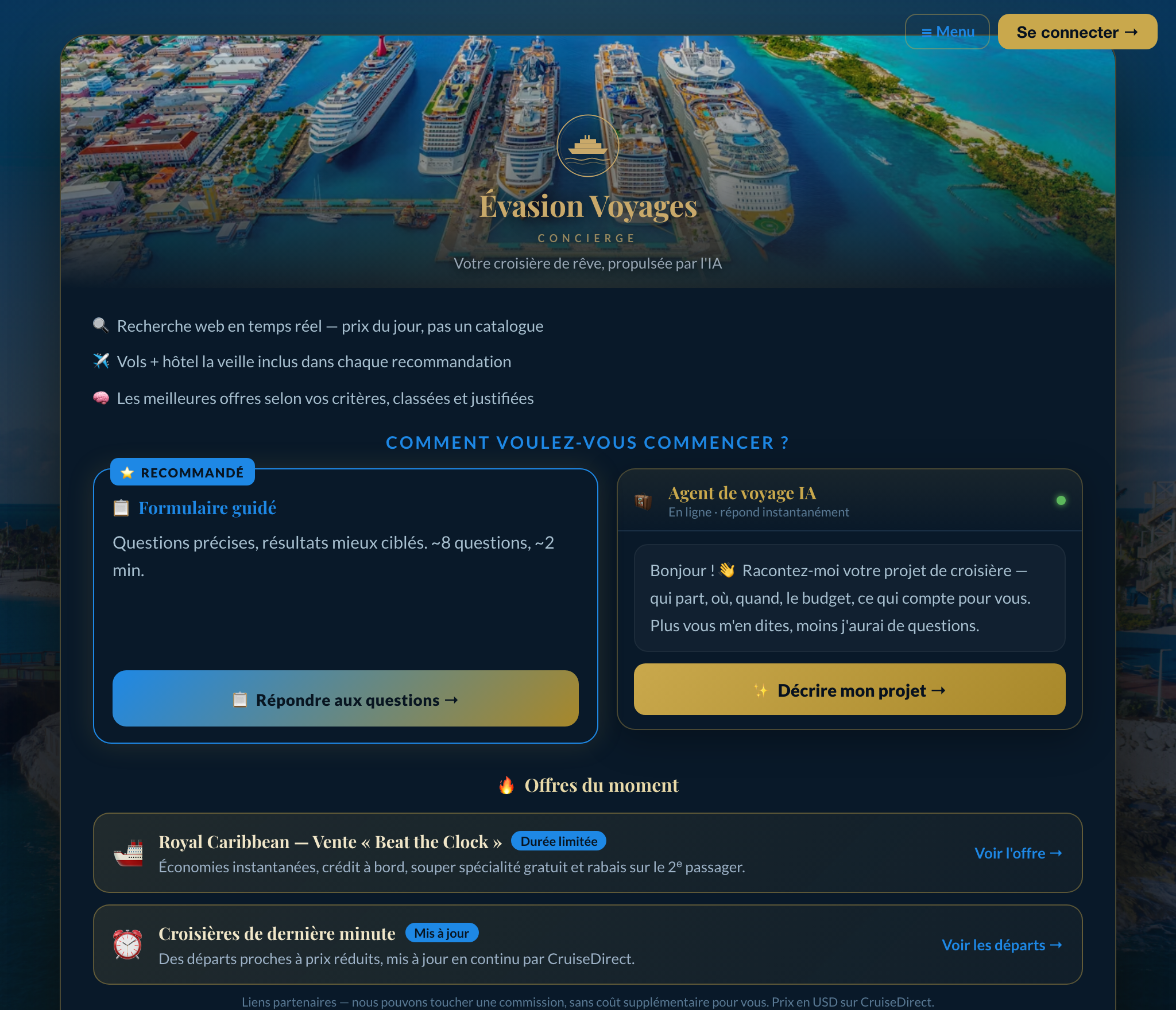 La plateforme de recherche de croisières par IA, à la marque d'Évasion Voyages, agence fictive de démonstration